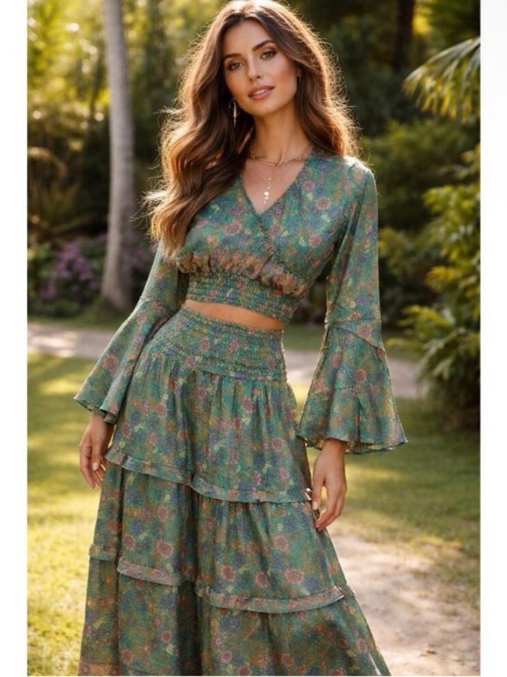 Rhea 2-Piece Set NWOT Size S Green Floral Silk Blend Crop Top Maxi Skirt Boho